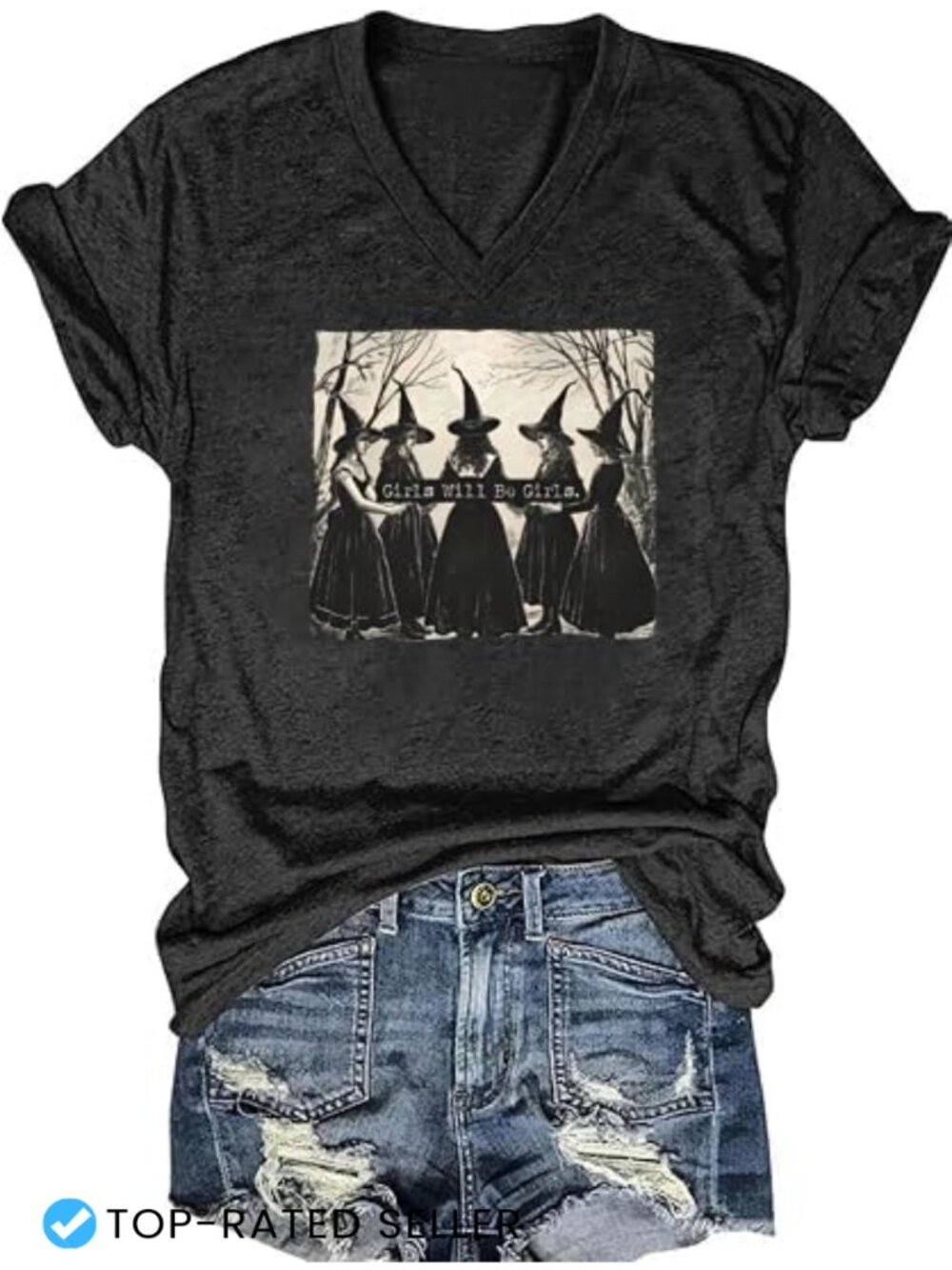Halloween Witches Funny Graphic T-Shirt V-Neck Short Sleeve Casual Tee